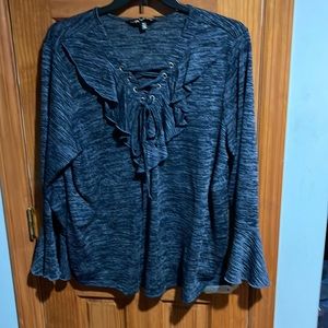 Soft Blue marled ruffle neck top